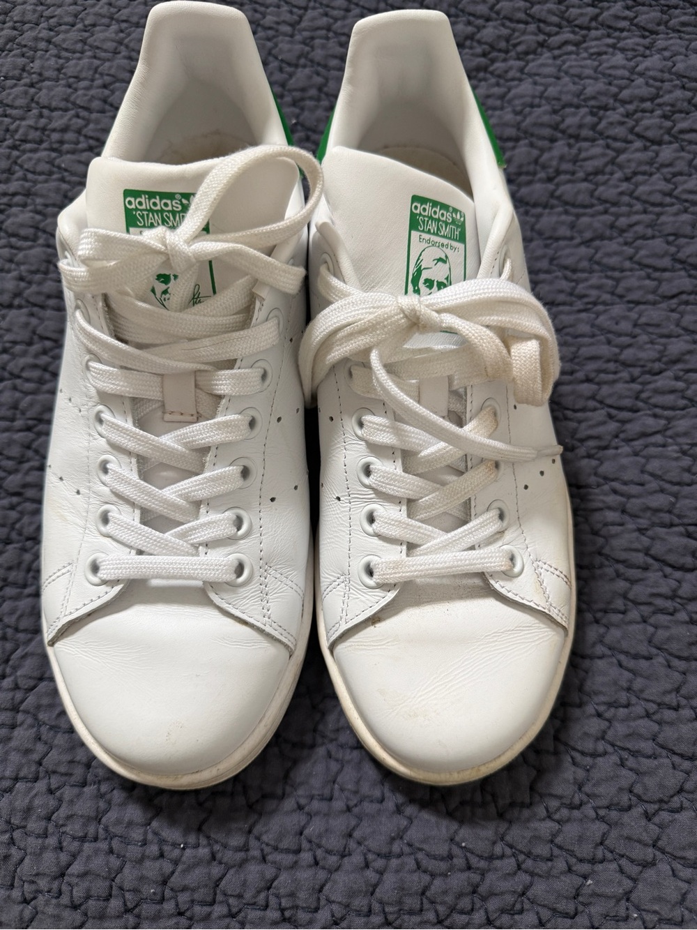 adidas Stan Smith White Leather Sneakers with Green Heel Tab and Tongue Logo